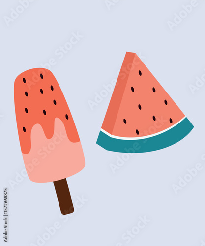 Flat Design Illustration with Watermelon Slice, Ice Cream