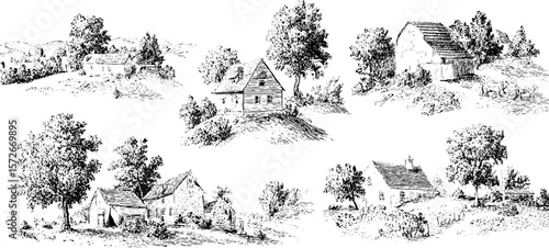 Vintage black and white engraving illustrations of countryside houses and landscapes