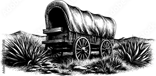 Vintage covered wagon in desert landscape - black and white hand drawn engraving for retro design