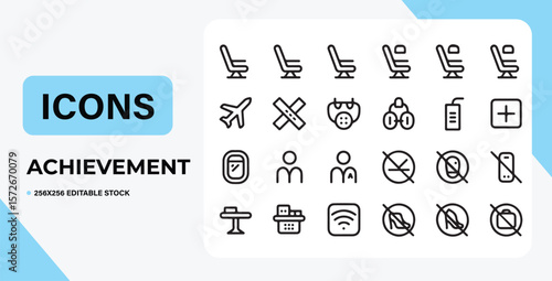 Airline Achievement Icons A Comprehensive Set of Airplane Seat, Safety, and Travel Icons for Design Projects