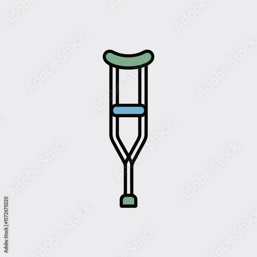 Minimalist Illustration of a Single Underarm Crutch with Sage Green Pad Light Blue Crossbar and Black Base on a Light Gray Background