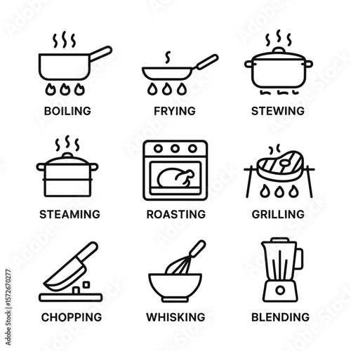 Culinary methods vector icons set. Outline symbols. Line design
