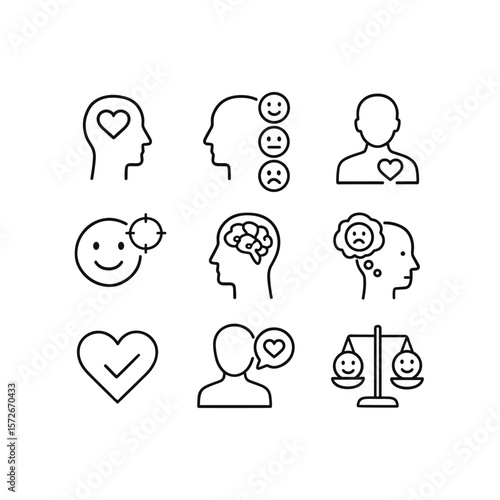 Emotional intelligence mindfulness icons. Outline symbols. Line design