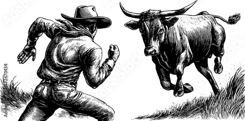 Vintage cowboy and bull encounter scene: classic western illustration