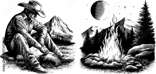 Vintage cowboy silhouette with campfire and mountain landscape illustration