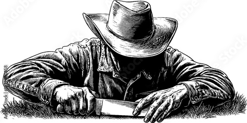 Rustic cowboy silhouette with hat and knife - vintage black and white engraving illustration