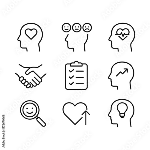 Emotional intelligence wellbeing icons. Outline symbols. Line design