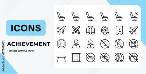 Airline Achievement Icons A Collection of Airplane Seat, Safety, and Travel Icons