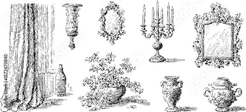 Elegant vintage decor elements in black and white hand drawn style for creative design