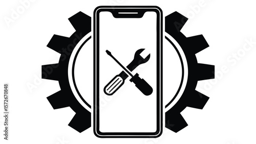 Smartphone repair service icon with wrench and screwdriver inside gear