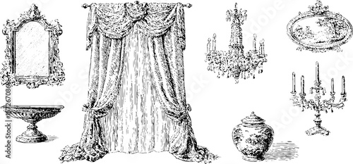 Vintage decorative home decor elements collection: mirror, curtain, chandelier, and more