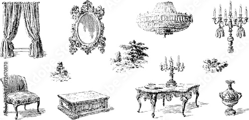 Vintage furniture and decor set: aristocratic interiors and ornamental elegance in black and white