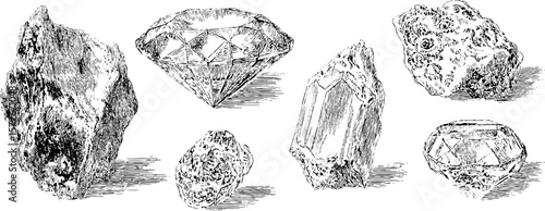 Vintage black and white illustration of gemstones and minerals for retro design