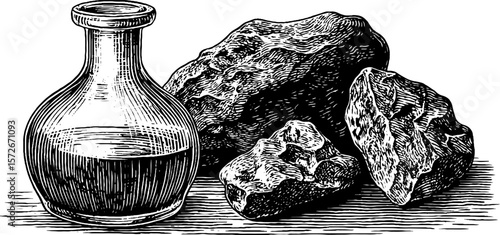 Vintage hand drawn engraving of decanter with rocks - retro illustration for design