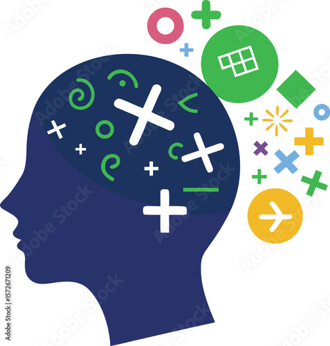 head silhouette with math symbols white clear background