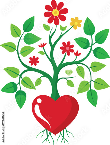 heart growing roots and flowers symbolic concept