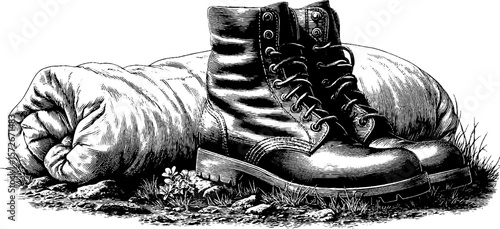 Rustic outdoor adventure scene with vintage boots and sleeping bag illustration