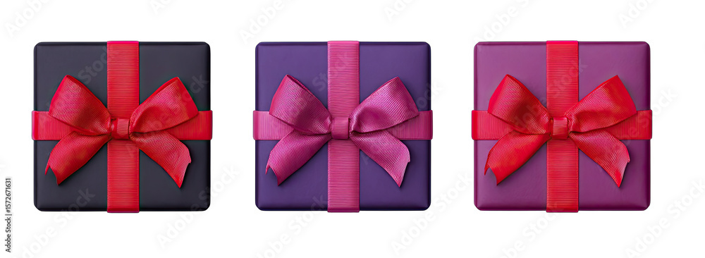 Three gift boxes, each with a red ribbon bow, on a dark background Three gift boxes, each with a red ribbon bow, on a dark background