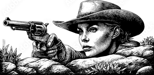 Vintage western scene: woman in cowboy hat with revolver in black and white engraving - design for posters and cards