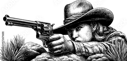Vintage western cowgirl aiming revolver in classic hand-drawn style
