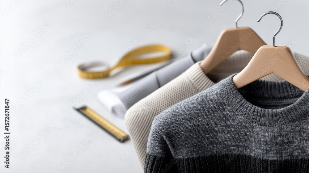 Fototapeta premium Casual gray and white sweaters hanging on wooden hangers with accessories