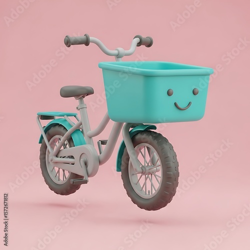 Whimsical 3D Render of a Pastel Bicycle with Smiling Basket on Pink Background