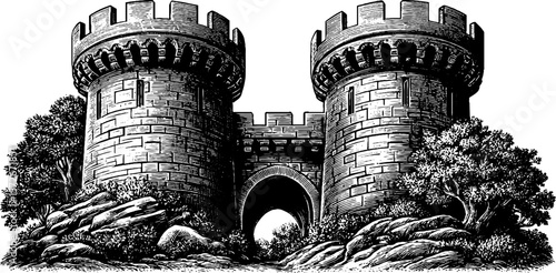 Vintage black and white engraving of majestic fort with towers and trees