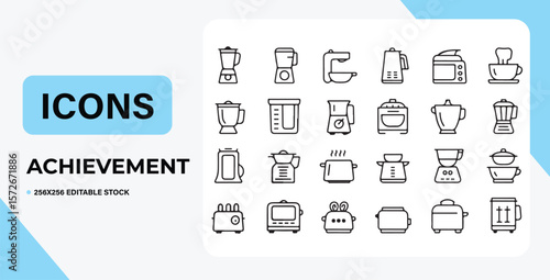 Culinary Icons: A collection of meticulously crafted icons representing various kitchen appliances, each a testament to modern home life's convenience, displayed with elegant minimalism and clarity.