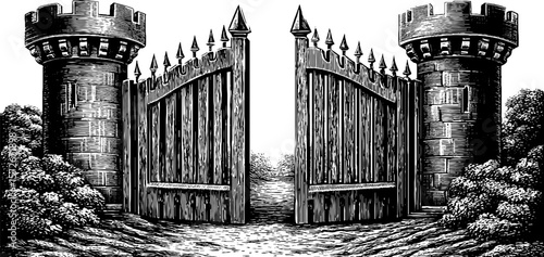 Vintage black and white engraving of a fort with open gates and towers