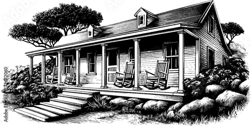 Vintage black and white engraving of rustic front porch with rocking chairs