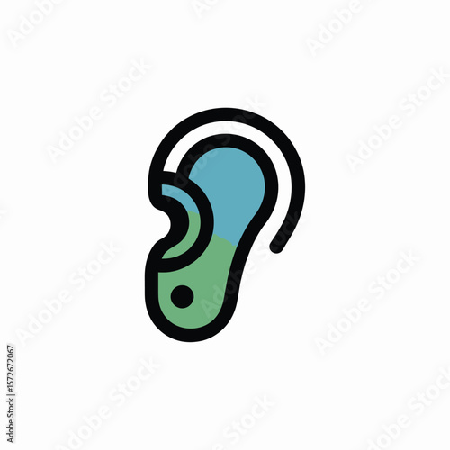 Minimalist vector icon depicting a human ear in teal and green gradient fill with a black outline on a white background simple design for medical healthcare or audiology