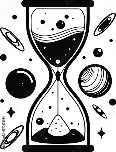 Hourglass with Planets Instead of Sand Vector Black