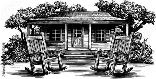 Vintage black and white engraving of a rustic wooden cabin with rocking chairs