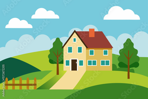Two Story Farmhouse With Stone Fence And Green Fields