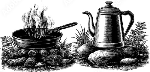 Vintage camping scene with skillet and coffee pot in black and white engraving for rustic design
