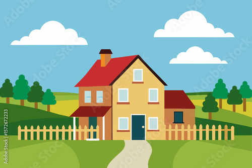 Two Story Farmhouse With Stone Fence And Green Fields