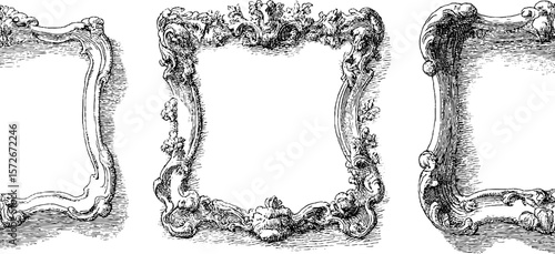 Vintage baroque frames set in black and white engraving illustration for design projects