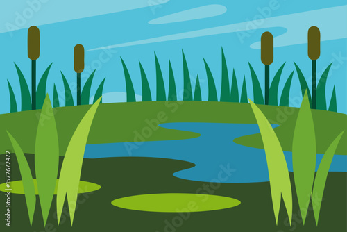 Marshy Grassland With Wet Patches And Lush Green Reeds
