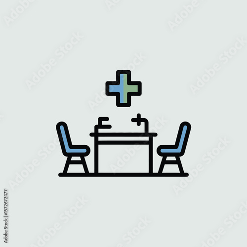 Minimalist Vector Icon Depicting a Medical Consultation Scene Featuring a Table Two Chairs and a Blue Green Cross Symbol Above