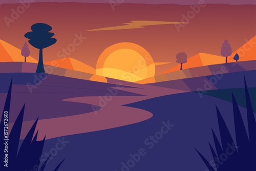 Evening Meadow With Long Shadows And Glowing Warm Light