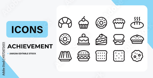 Delectable Icons: A collection of intricate line art icons showcasing a tempting array of baked goods. Each icon embodies culinary finesse, from the delightful croissant to the fluffy loaf of bread. 