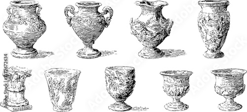 Vintage black and white engraving of greek vase collection - perfect for retro silhouette illustrations