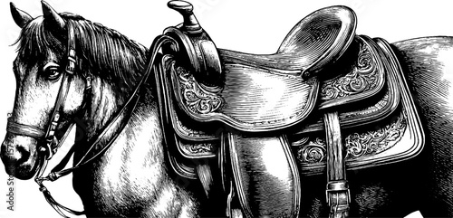 Black and white engraving of horse with detailed saddle illustration