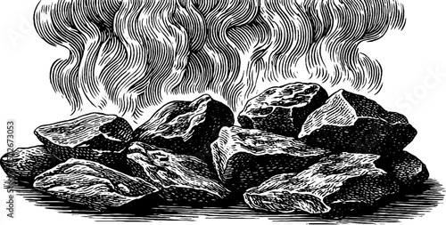 Black and white vintage illustration of hot steaming rocks - retro design for posters or labels