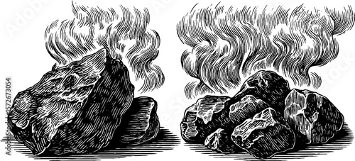 Vintage hand drawn engraving of steaming rocks set in black and white for retro designs