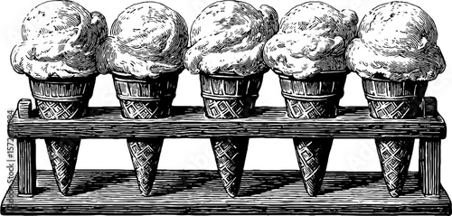 Vintage ice cream cones in wooden stand engraving for retro design and decor