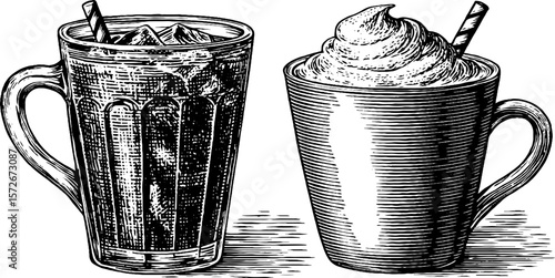 Vintage black and white engraved iced beverages illustration set for design and decoration