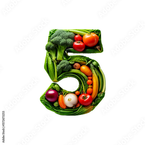 The number 5 made from various vegetables. Fresh, healthy, and eco-friendly food.