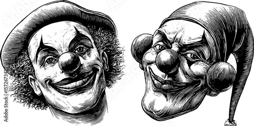 Vintage clown faces in engraved style for retro design and decor