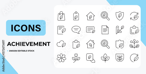Eco Achievement Icon Set: A curated collection of minimalist line icons embodies sustainable growth and achievement in environmental initiatives.